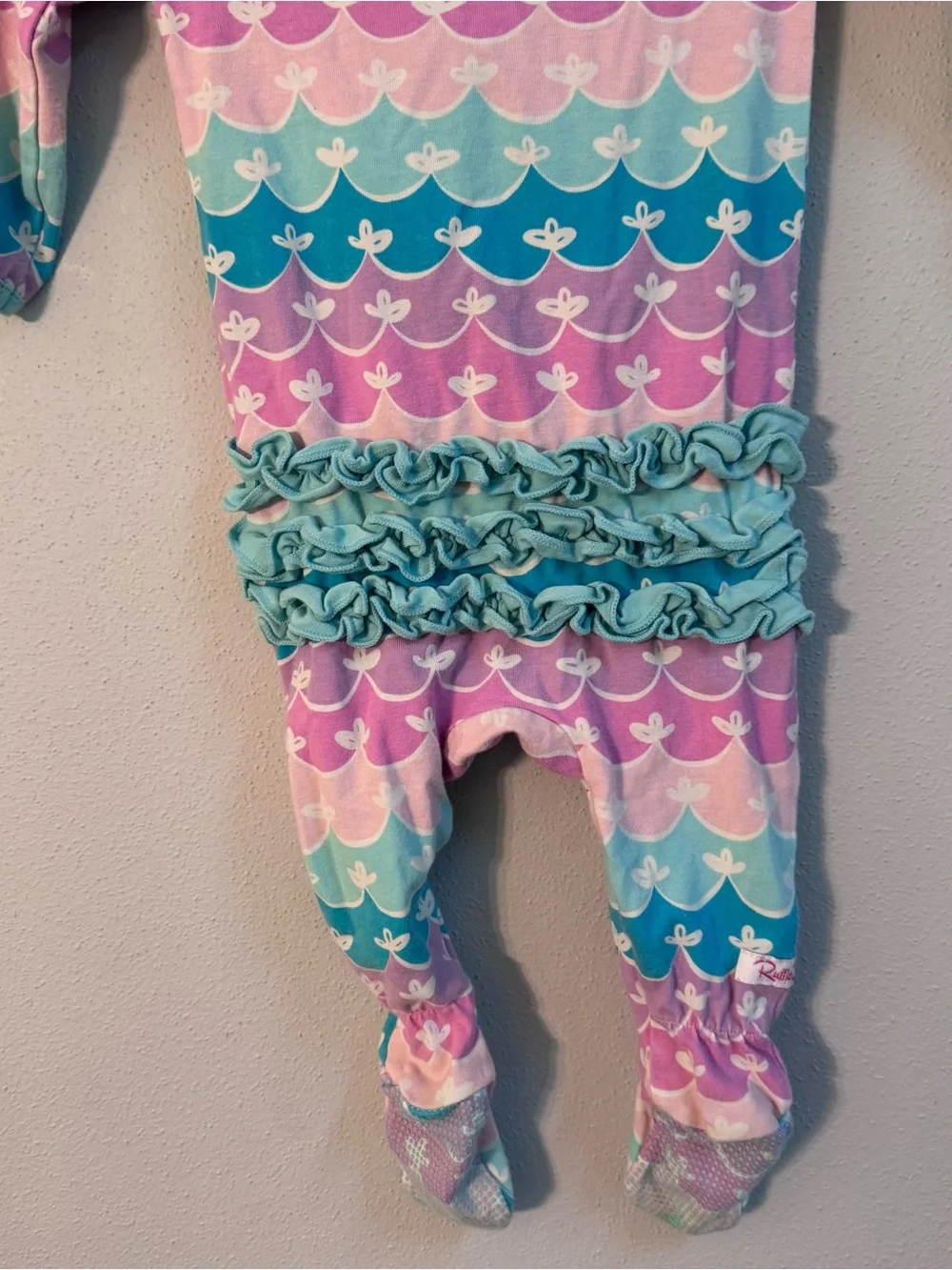 RuffleButts Baby Girls Mermaid Scale Footed Sleeper Pink Purple Aqua 3-6M